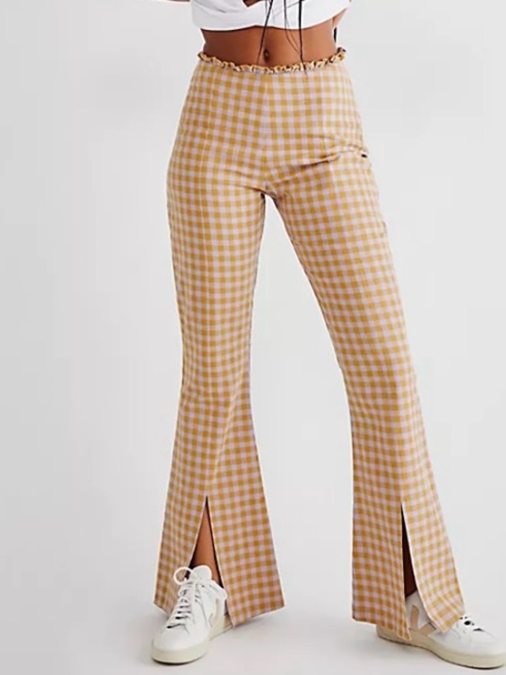 Free People Milk It Rodeo Gingham Pants Slit Flares Ruffle HW Lilac Gold Sz 8